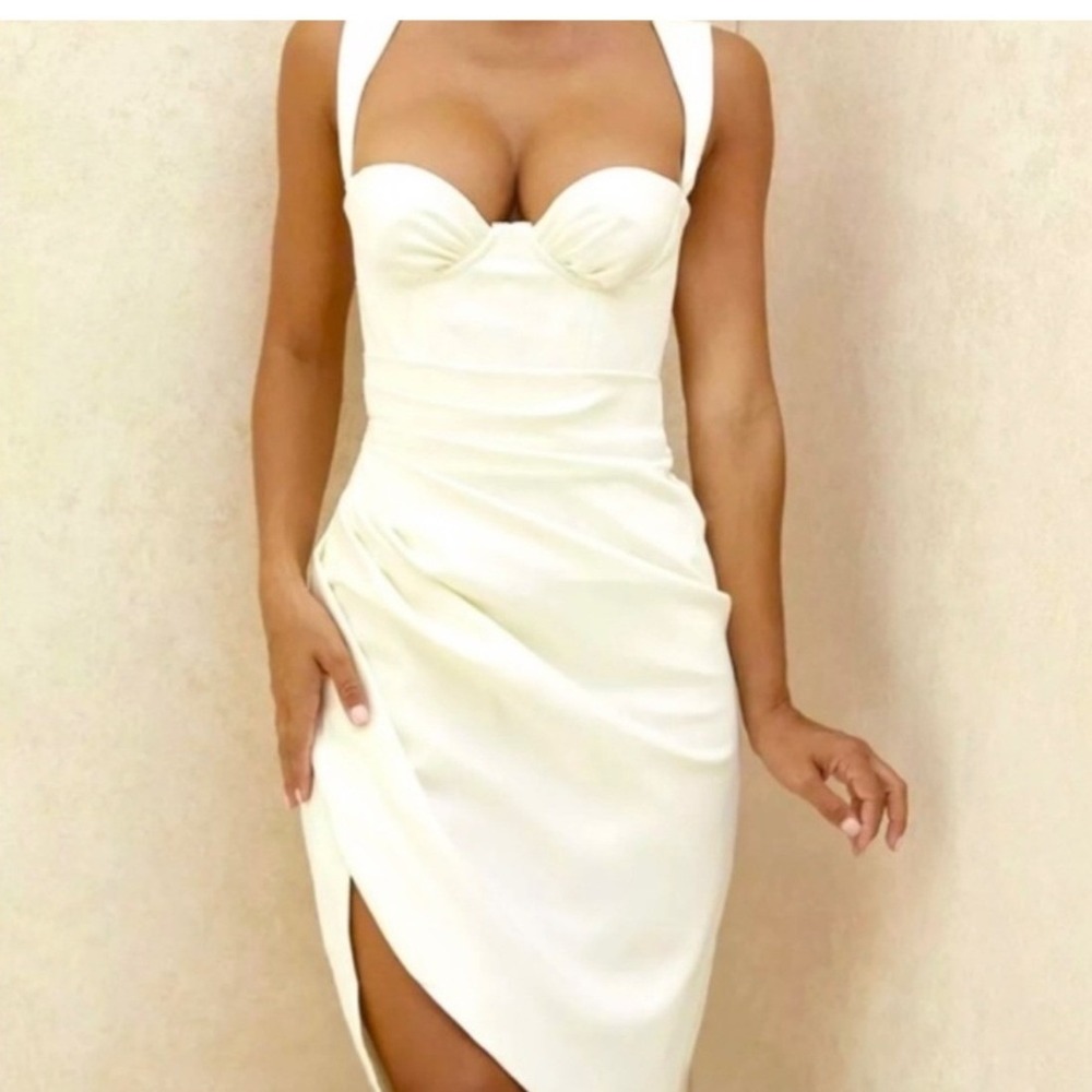 House of CB Omaria Corset Mini Dress SZXS Ivory Draped Satin Slit Back Cutout - Picture 2 of 13